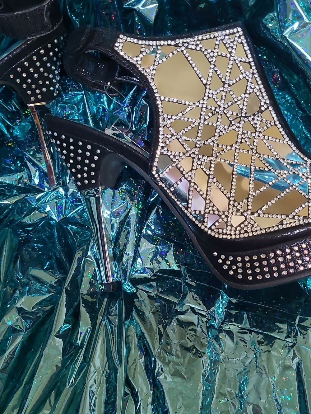 Embellished Black Mirror-Panel High Heel Sandals